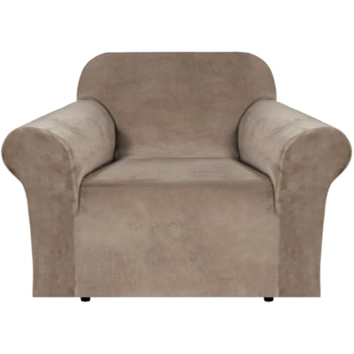 Stretch Velvet Armchair Cover Couch Covers 1 Cushion Chair Slipcover for Living Room Furniture Cover Crafted from Thick Comfy Rich Velour (Camel / Armchair)