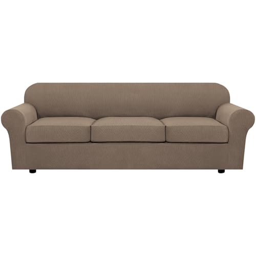 4 Piece Stretch Sofa Covers for 3 Cushion Couch Covers for Living Room Furniture Slipcovers (Large Plus / Macchiato)