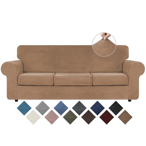 4 Pieces Couch Cover for Sofa Velvet Sofa Covers Washable (Large / Camel)