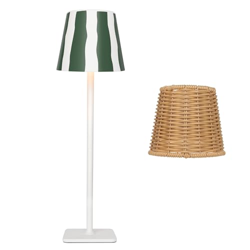 Outdoor Waterproof Cordless Wireless Rechargeable Portable Top Touch Battery Operated Powered LED Table Lamp Desk Lamp Lights for Restaurant Kitchen Patio Dinner Dining (Green Stripe+Wicker Lampshade)