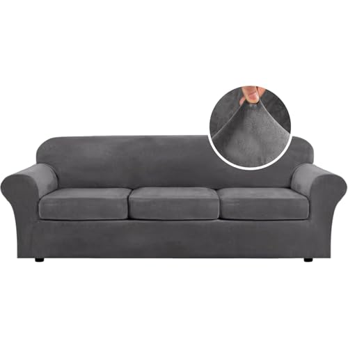 High Stretch Sofa Slipcover 4 Piece Cover Velvet Furniture Protector Form Fit Thick Velvet Extra Large Sofa Cover for 3 Cushion Couch Width Up to 97 Inch (3 Cushion Large Sofa / Grey)
