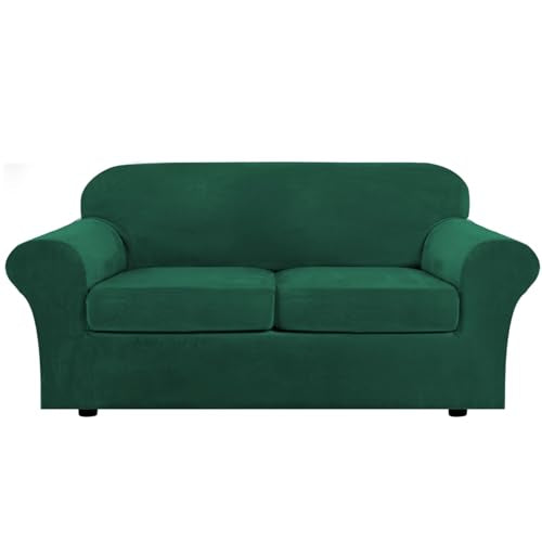 Real Velvet Plush 3 Piece Stretch Sofa Covers Couch Covers for 2 Cushion Couch Sofa Slipcovers Width Up to 90 Inch Feature Thick Soft Stay in Place (2 Cushion Sofa / Green)