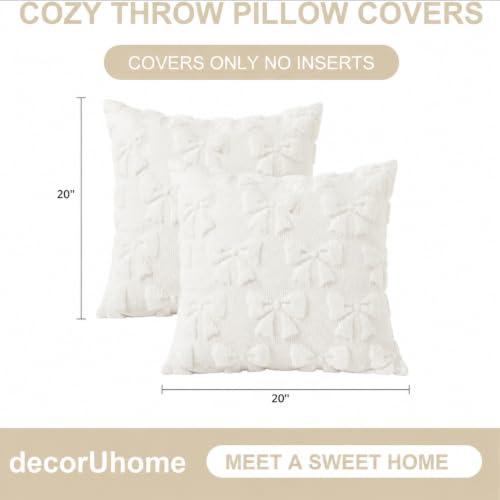 Cream White Bow Faux Fur Throw Pillow Covers 20x20 Set of 2 (Cream White Bow / 20" x 20" (Pack of 2))