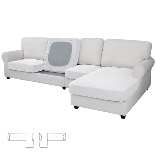 Stretch 4 Pieces Couch Cushion Covers for Sectional Sofa L Shape (3 Seater + 1 Chaise / Snow White)
