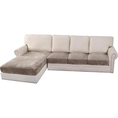 Velvet Stretch Sectional Couch Covers 4 Pieces Sofa Seat Cushion Covers L Shape Separate Cushion Couch Cover for Both Left (Taupe / 3 Seater + Chaise)
