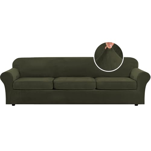 Modern Velvet Plush 4 Piece High Stretch Sofa Slipcover Furniture Protector Form Fit Velvet Extra Large Sofa Cover for 3 Cushion Couch Width Up to 105 Inch (3 Cushion XL Sofa / Olive)
