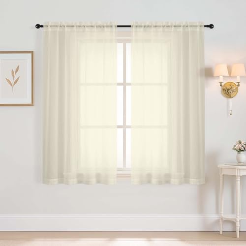 Cream Window Sheer Curtains 45 Inches Length (42"W x 45"L (Pack of 2) / Cream)