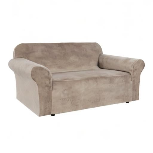 Stretch Velvet Loveseat Covers for 2 Cushion Couch Covers for Living Room Sofa Covers Slipcovers with Non Slip Straps Bottom (Taupe / Loveseat)