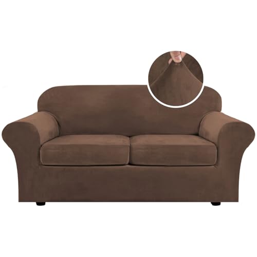 Real Velvet Plush 3 Piece Stretch Sofa Covers Couch Covers for 2 Cushion Couch Sofa Slipcovers Width Up to 90 Inch Thick Soft Stay in Place (2 Cushion Sofa / Caramel Cafe)