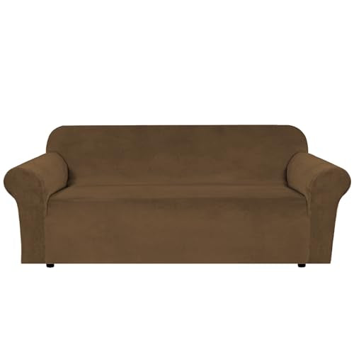 Stretch Velvet Sofa Covers for 3 Cushion Couch Covers Furniture Protector Soft with Non Slip Elastic Bottom (Bronze Brown / Sofa L)