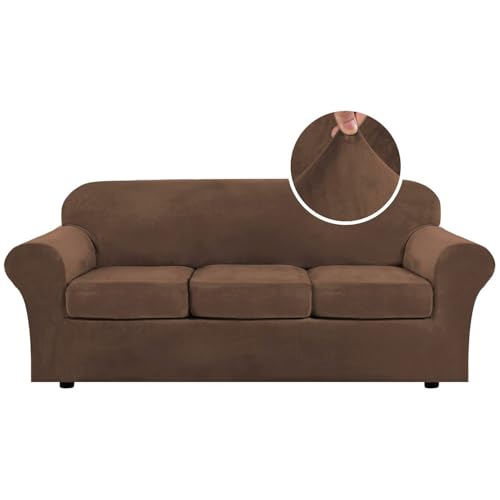 Modern Velvet Plush 4 Piece High Stretch Sofa Slipcover Sofa Cover Furniture Protector Form Fit Luxury Velvet Sofa Cover for 3 Cushion Couch Width Up to 90 Inch (3 Cushion Sofa / Caramel Cafe)