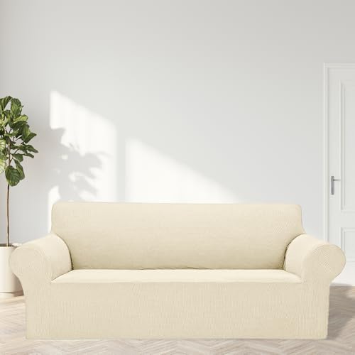 2026 New Stretch Oversized Sofa Slipcovers Couch Sofa Cover for 4 Seater Furniture Protector Covers with Elastic Bottom Jacquard Fabric Small Checks for Pets (Beige / Oversized Sofa)