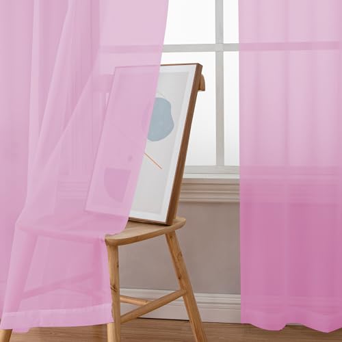 Pink Short Sheer Curtains 45 Inch Length for Small Windows (Pink / 42"W x 45"L (Pack of 2))