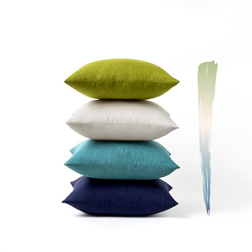 Pack of 4 Decorative Outdoor Throw Pillow Covers Linen Waterproof Pillow Covers Summer Farmhouse Cushion Cases for Patio Garden Tent Balcony Couch Sofa 16x16 Inch Blue Green (16" x 16" (Pack of 4) / Blue Green)