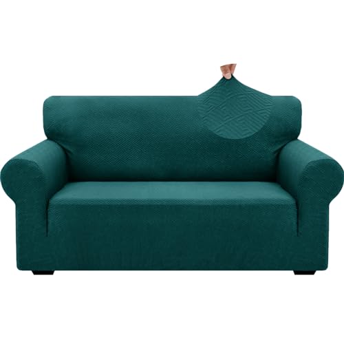 1 Piece Jacquard Couch Covers for 2 Cushion Couch High Stretch Loveseat Slipcover for Pets Dogs Anti Slip Love Seat Sofa Slipcover Furniture Protector (Medium (55"-69") / New Pattern Blackish Green)