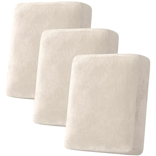 Velvet Stretch Couch Cushion Cover Plush Cushion Slipcover for Chair Loveseat Sofa Cushion Furniture Protector Seat Cushion Sofa Cover (Ivory / 3 Cushion Sofa)