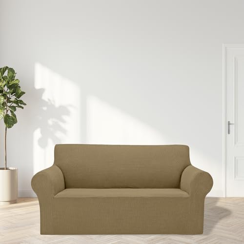 2026 New Stretch Loveseat Sofa Slipcovers Couch Cover for 2 Cushion Furniture Protector Sofa Covers with Elastic Bottom Jacquard Fabric Small Checks for Pets (Tan / Loveseat)