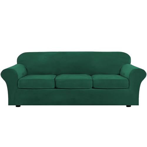 Modern Velvet Plush 4 Piece High Stretch Sofa Slipcover Furniture Protector Form Fit Velvet Extra Large Sofa Cover for 3 Cushion Couch Width Up to 105 Inch (3 Cushion XL Sofa / Green)