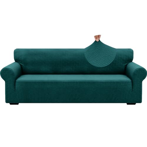 1 Piece Jacquard Couch Covers for 3 Cushion Couch High Stretch Sofa Cover for Pets Dogs Anti Slip Extra Large Sofa Slipcovers Furniture Protector (X-Large (91"-112") / New Pattern Blackish Green)