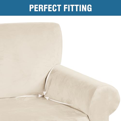 Stretch Velvet Sofa Covers for 3 Cushion Couch Covers Protector Soft with Non Slip Elastic Bottom (Cream / Sofa L)