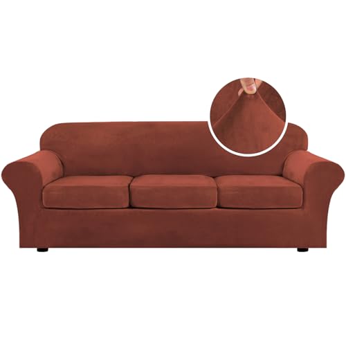 Modern Velvet Plush 4 Piece High Stretch Sofa Slipcover Cover Furniture Protector Form Fit Luxury Thick Velvet Extra Large Sofa Cover for 3 Cushion Couch (3 Cushion XL Sofa / Rust)