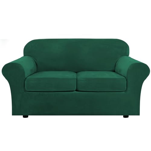 Real Velvet Plush 3 Piece Stretch Sofa Covers Couch Covers for 2 Cushion Couch Loveseat Covers Width Up to 72 Inch Feature Thick Soft Stay in Place (2 Cushion Loveseat / Green)