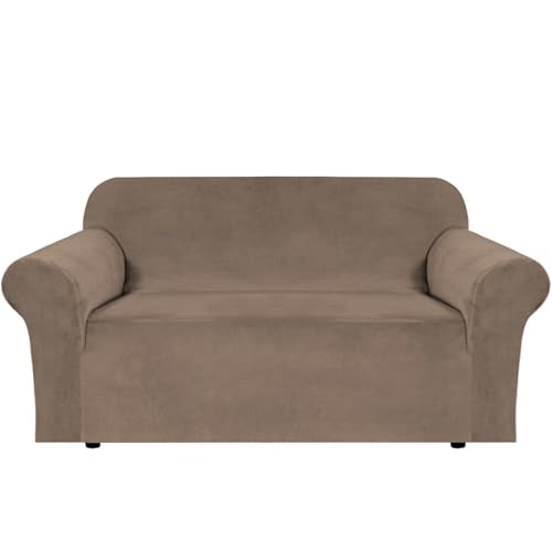 Stretch Velvet Loveseat Covers for 2 Cushion Couch Covers for Living Room Sofa Covers Slipcovers with Non Slip Straps Bottom (Mocha / Loveseat)