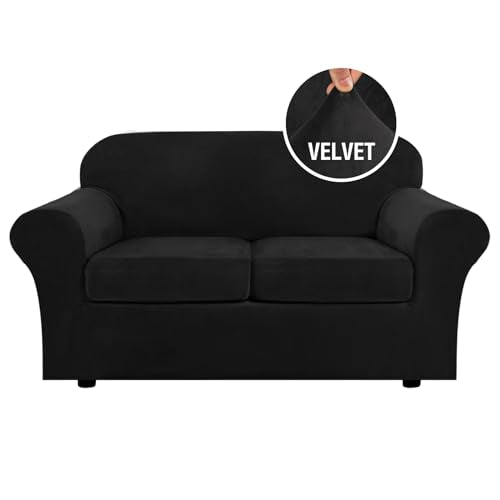 Real Velvet Plush 3 Piece Stretch Sofa Covers Couch Covers for 2 Cushion Couch Loveseat Covers Width Up to 72 Inch Feature Thick Soft Stay in Place (2 Cushion Loveseat / Jet Black)