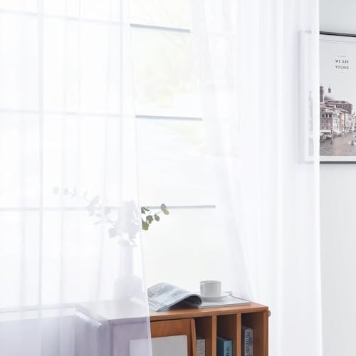 Solid Sheer Rod Pocket Curtain Voile Draperies 4 Panels White Beige Black Grey Ivory 52 Inch Width 54 Inch Long 1 Pair for Kitchen Bedroom Children Living Room Yard (Optical White / 52"W x 54"L (Pack of 4))