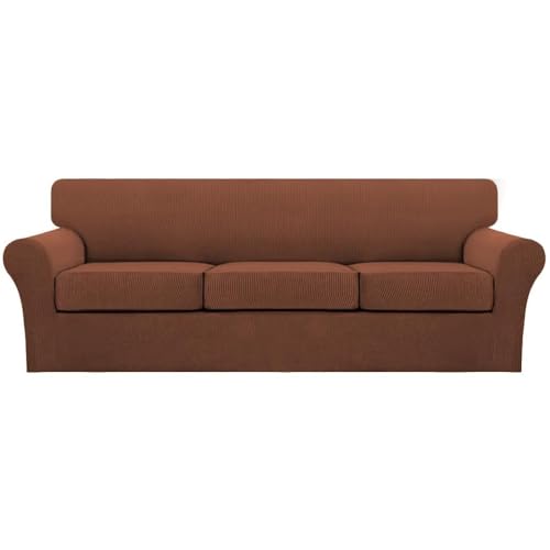 4 Piece Sofa Covers for 3 Cushion Couch Sofa Slipcover Soft Couch Cover for Dogs Washable Furniture Cover with 3 Individual Large Cushion Covers Feature Fabric (L Sofa (3 Cushion) / Caramel)
