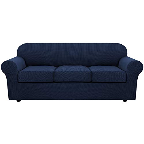 4 Piece Stretch Sofa Covers for 3 Cushion Couch Covers for Living Room Furniture Slipcovers (Large / Navy)