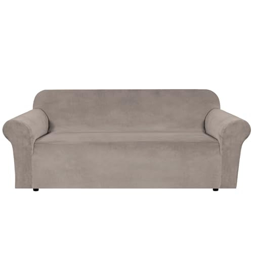 Stretch Velvet Sofa Covers for 3 Cushion Couch Covers Sofa Slipcovers Furniture Protector Soft with Non Slip Elastic Bottom (Taupe / Sofa)