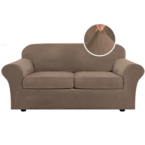 Real Velvet Plush 3 Piece Stretch Sofa Covers Couch Covers for 2 Cushion Couch Sofa Slipcovers Width Up to 90 Inch Feature Thick Soft Stay in Place (2 Cushion Sofa / Mocha)