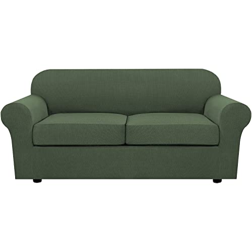 3 Piece Stretch Sofa Covers for 2 Cushion Sofa Couch Covers for Living Room Furniture Cover (Medium-XL / Bronze Green)