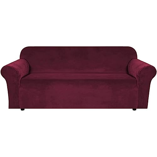 Stretch Velvet Sofa Covers for 3 Cushion Couch Covers Sofa Slipcovers Furniture Protector Soft with Non Slip Elastic Bottom (Wine/Burgundy / Sofa)