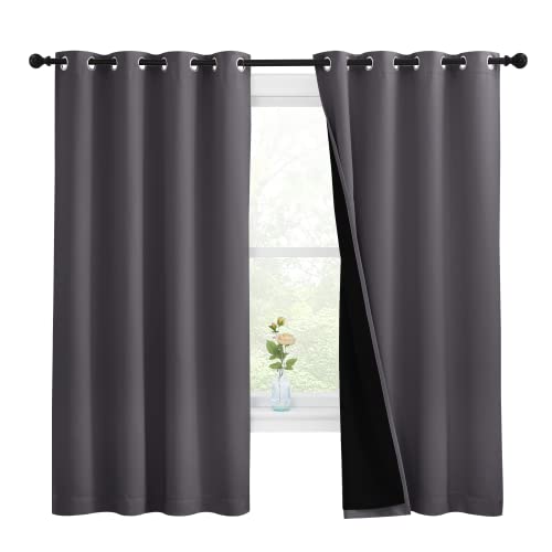100% Blackout Curtains with Black Liners (Grey / 55"W x 68"L (Pack of 2))