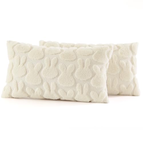 Beige Faux Fur Bunny Throw Pillow Covers 12x20 Set of 2 (20" x 12" (Pack of 2) / Rabbits Beige)