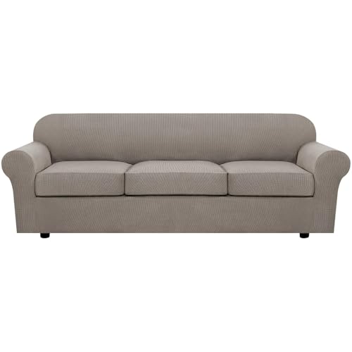 4 Piece Stretch Sofa Covers for 3 Cushion Couch Covers for Living Room Furniture Slipcovers (Large Plus / Taupe)