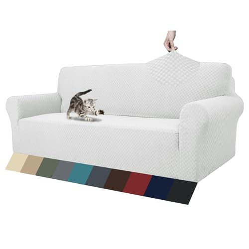 1 Piece Jacquard Couch Covers for 3 Cushion Couch Living Room High Stretch Sofa Cover Pets Dogs Friendly Anti Slip Thickened Slipcovers Furniture Protector (Large (71"-90") / White)