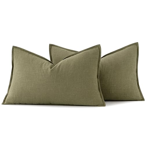 Decorative Linen Lumbar Pillow Covers 12x20 Inch Light Olive Green (Light Olive Green / 20" x 12" (Pack of 2))