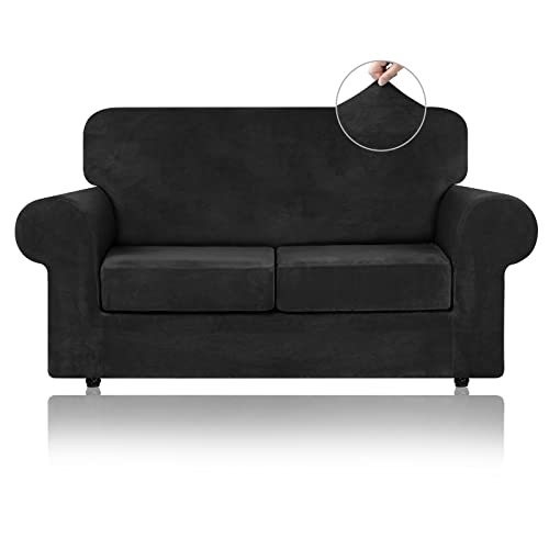 Velvet Stretch 3 Pieces Couch Cover for Sofa Washable (Medium / Black)