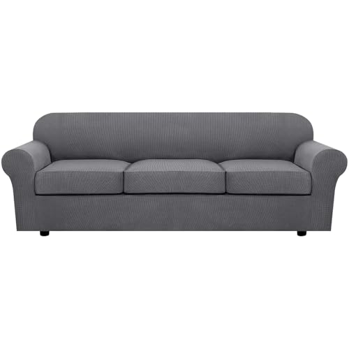 4 Piece Stretch Sofa Covers for 3 Cushion Couch Covers for Living Room Furniture Slipcovers (Large Plus / Grey)