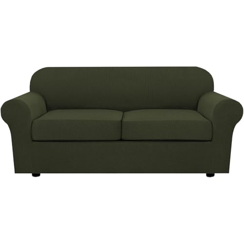 3 Piece Stretch Sofa Covers for 2 Cushion Loveseat Couch Covers for Living Room Sofa (Medium / Olive)