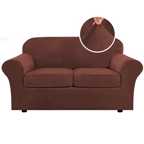 Real Velvet Plush 3 Piece Stretch Sofa Covers Couch Covers for 2 Cushion Couch Loveseat Covers Width Up to 72 Inch Feature Thick Soft Stay in Place (2 Cushion Loveseat / Burnt Brick)