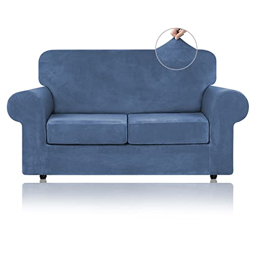Velvet Stretch 3 Pieces Couch Cover for Sofa Washable (Medium / Light Blue)