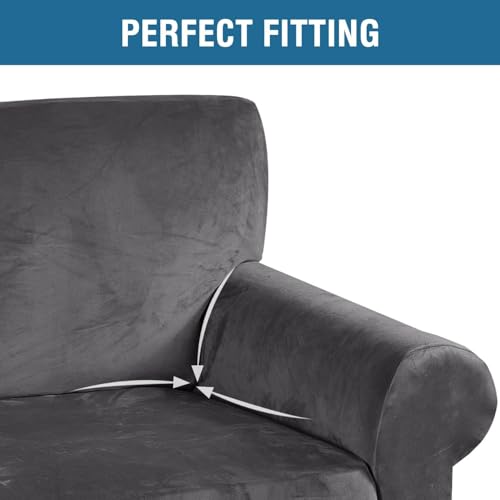 Stretch Velvet Sofa Covers for 3 Cushion Couch Covers Furniture Protector Soft with Non Slip Elastic Bottom (Charcoal Gray / Sofa L)