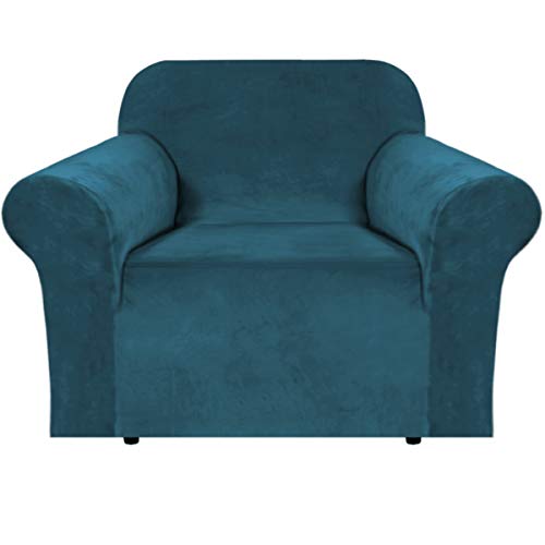 Stretch Velvet Armchair Cover Couch Covers 1 Cushion Chair Slipcover for Living Room Furniture Cover Crafted from Thick Comfy Rich Velour (Deep Teal / Armchair)