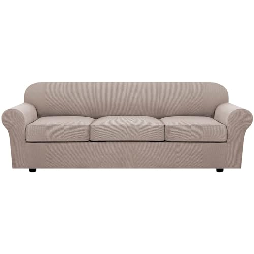 4 Piece Stretch Sofa Covers for 3 Cushion Couch Covers Furniture Slipcovers (X-Large / Sand)