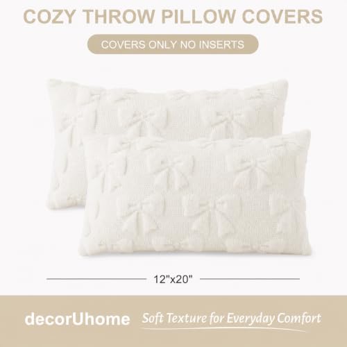 Cream White Bow Faux Fur Throw Pillow Covers 12x20 Set of 2 (Cream White Bow / 20" x 12" (Pack of 2))