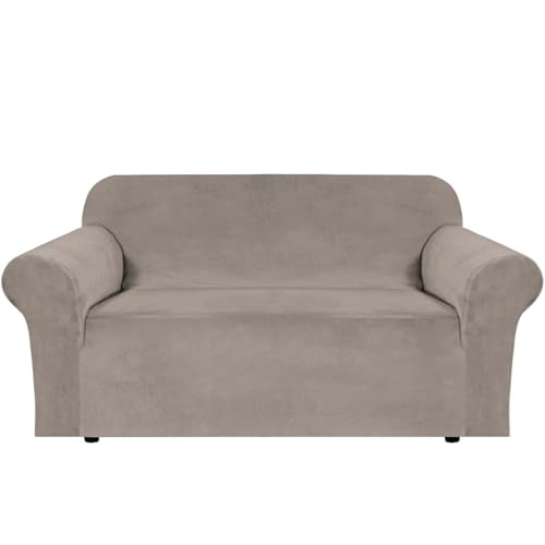 Stretch Velvet Loveseat Covers for 2 Cushion Couch Covers for Living Room Sofa Covers Slipcovers with Non Slip Straps Bottom (Taupe / Loveseat)